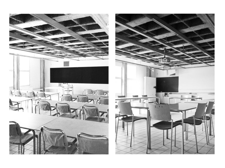Seminar room with typical exposed ceiling installations, embedded acoustic panels and the later addition of a digital projector.&nbsp;(Photos: Sten Vilson, 1970 and Tove Freiij, 2015)