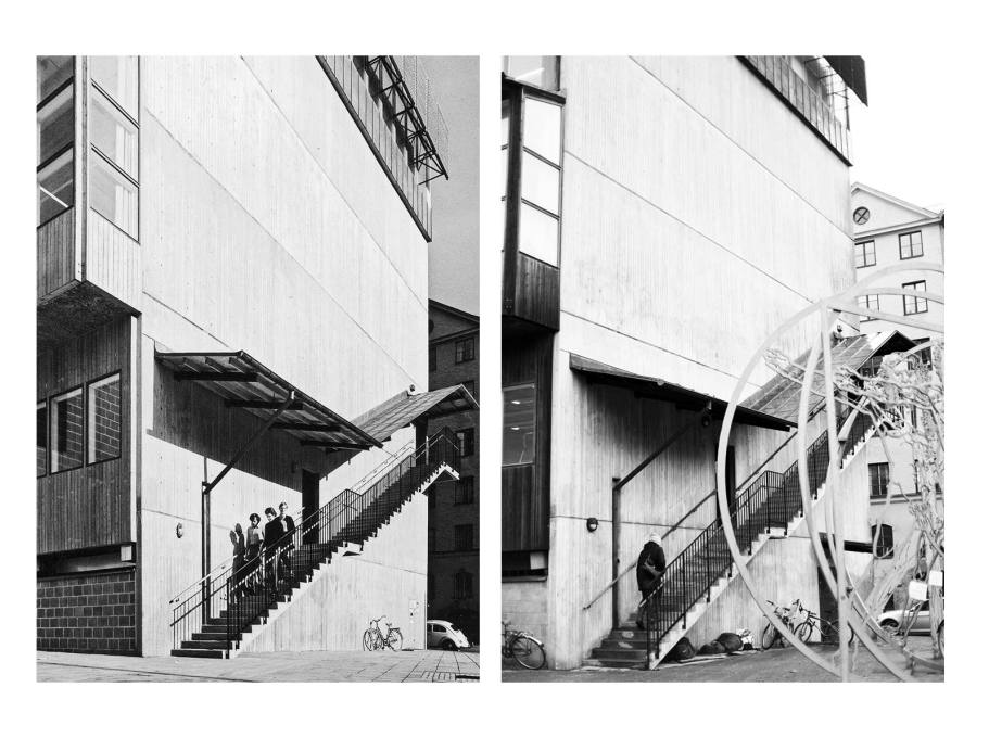 1970s students use the staircase of the south gable entrance; in 2015 the space under the stairs is routinely used by Stockholm&rsquo;s homeless population.&nbsp;(Photos: Sten Vilson, 1970 and Tove Freiij, 2015)