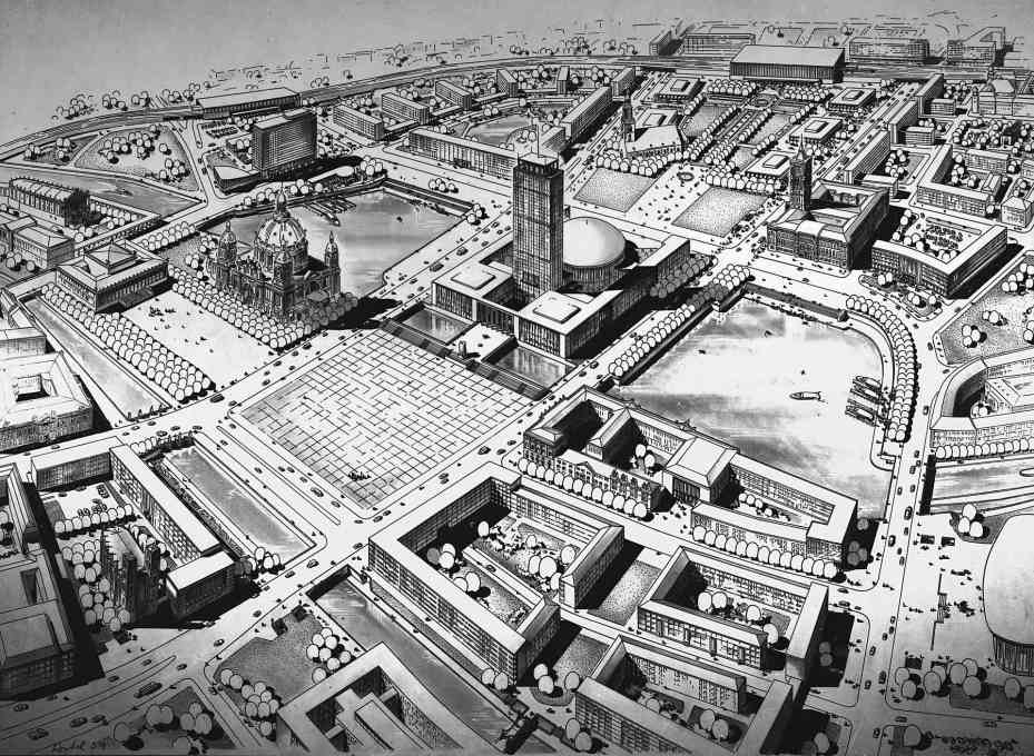 Gerhard Kosel, Hanns Hopp, Hans Mertens: Marx-Engels-Forum with central building. Unrealised competition proposal for a &ldquo;socialist re-design of the center of the capital&rdquo;, 1959. (Photo: Gisela Dutschmann, &copy; Berlinische Galerie)