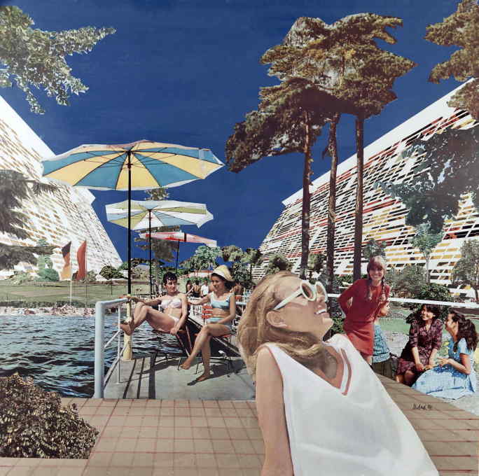 Urbach also illustrated Kaiser&rsquo;s unrealised design proposal for a &ldquo;Grossh&uuml;gelhaus&rdquo; (large-hill housing) from 1971. Note more of those happy people. (Collage&nbsp;&copy; Dieter Urbach/Berlinische Galerie)