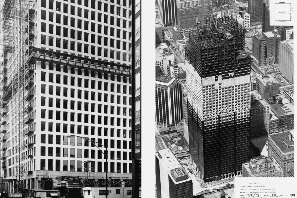 Modern Chicago under construction: the Dewitt Chestnut Apartment Tower (left; Photo: SOM) and the Sears Tower (right; Photo &copy; McShane-Fleming).
